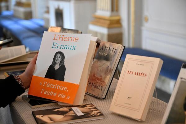 Books by French author Annie Ernaux is displayed following the...