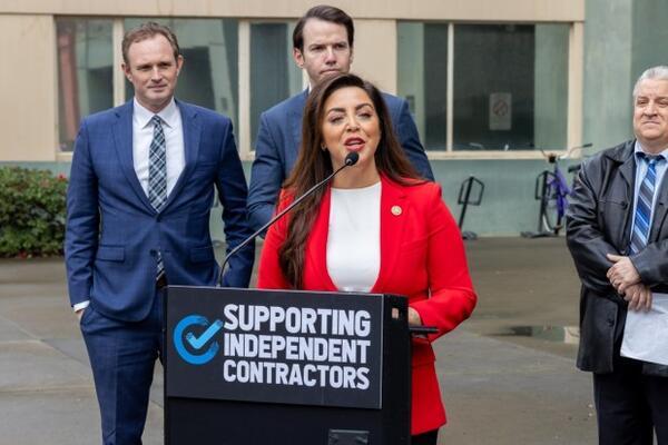 Assemblymember Kate Sanchez, R-Rancho Santa Margarita, talks about her plans to introduce legislation to repeal state limitations on contractors imposed by California's AB 5 labor law in a press conference held in front of the CA Labor Agency on Tuesday, Jan. 23, 2024. (Courtesy of Dan Billings, Assembly Republican Caucus)